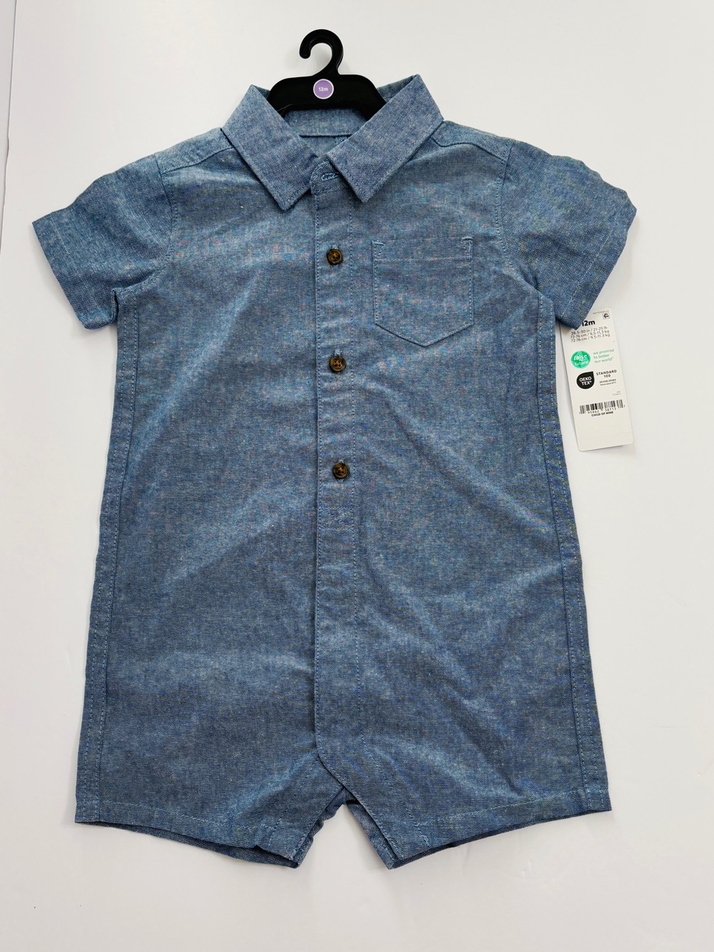 NWT Carters Child of Mine Baby Boy Chambray Romper 12M Blue Button One Piece New
